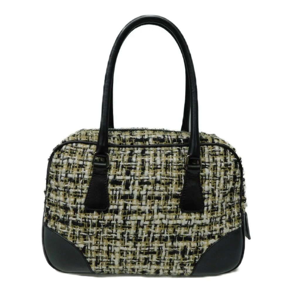 PRADA Boston Handbag Tweed Leather Beige Black Compact - Picture 2 of 9